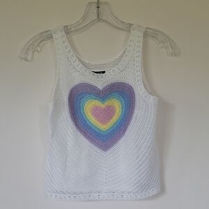 Zunie 2 Piece Girls Sz 12 Crochet Sleeveless Sweater, White with Rainbow Heart